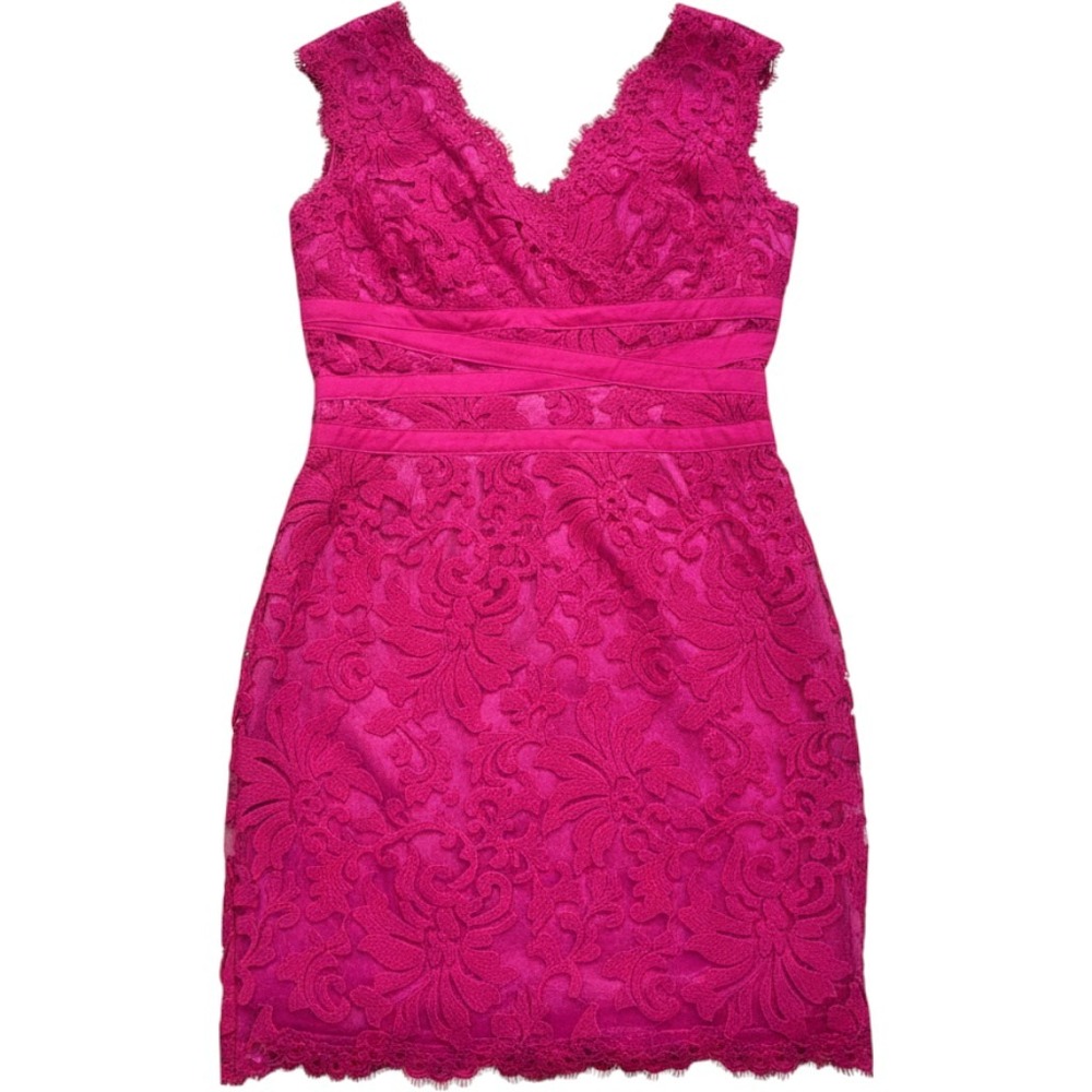 Tadashi Shoji Magenta Pink Corded Floral Lace V-Neck Sheath‎ Dress Size 10